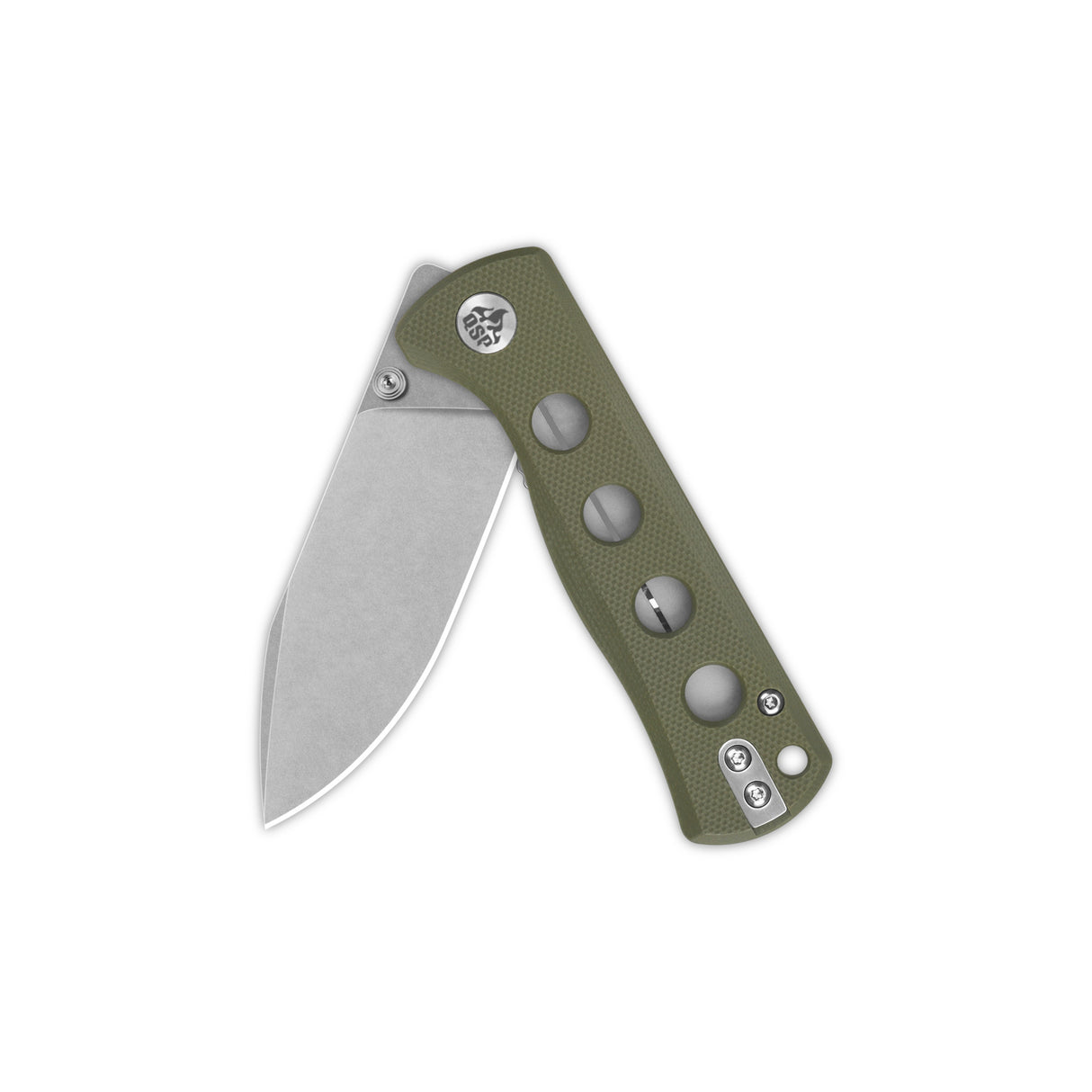 QSP Canary folder pocket knife with olive green G10 handle and 14C28N spear point blade.
