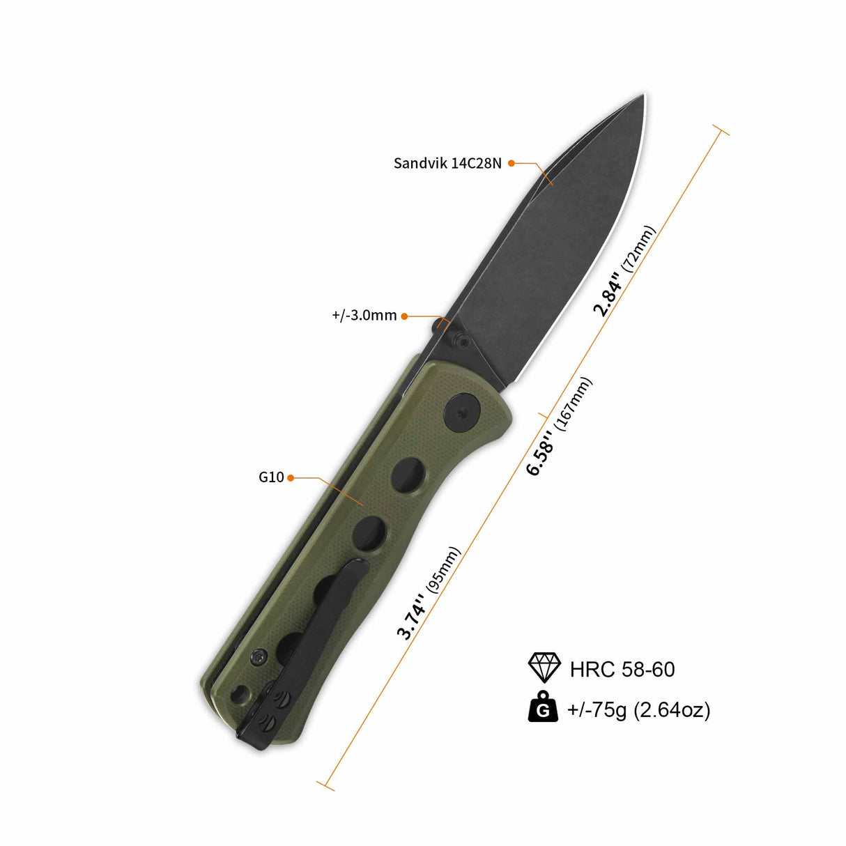 QSP Canary Folder Pocket Knife with olive green handle and 14C28N blade specifications.
