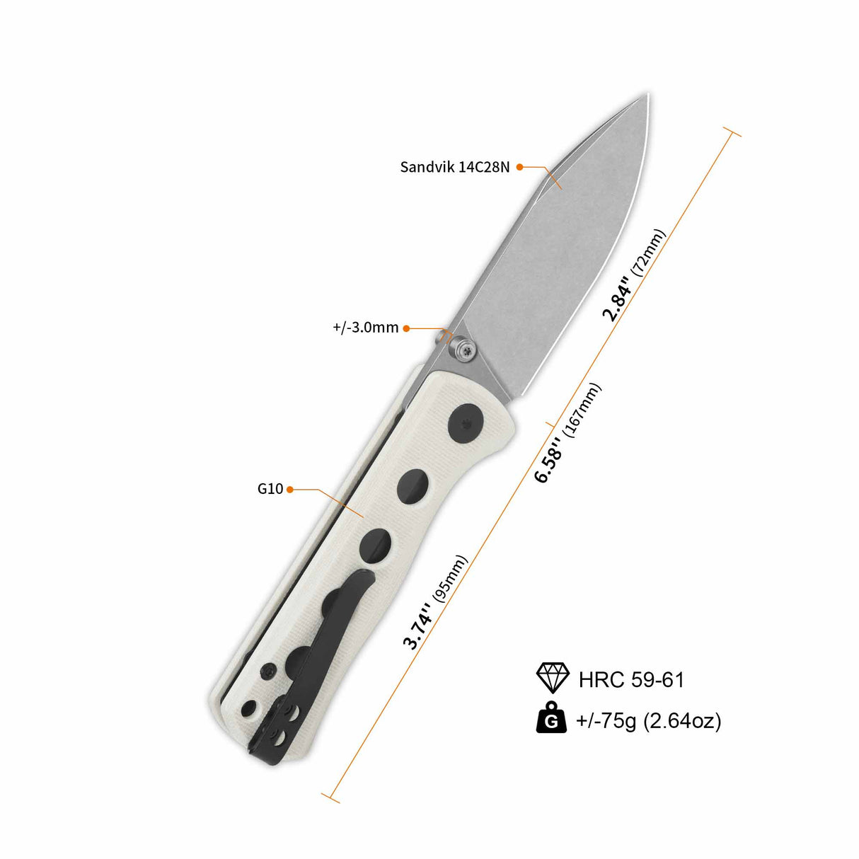 Dimensions of QSP Canary pocket knife with 14C28N blade and white G10 handle.