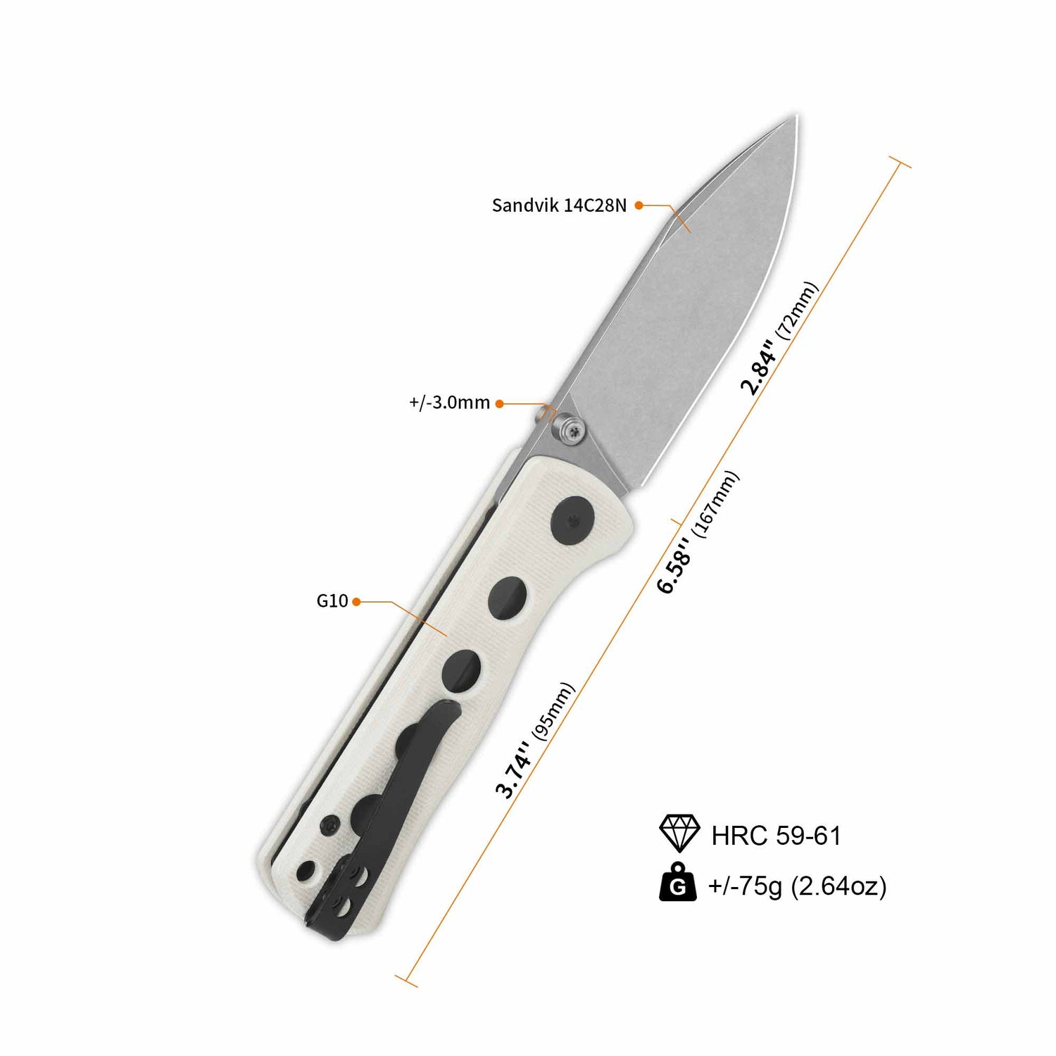 Dimensions of QSP Canary pocket knife with 14C28N blade and white G10 handle.