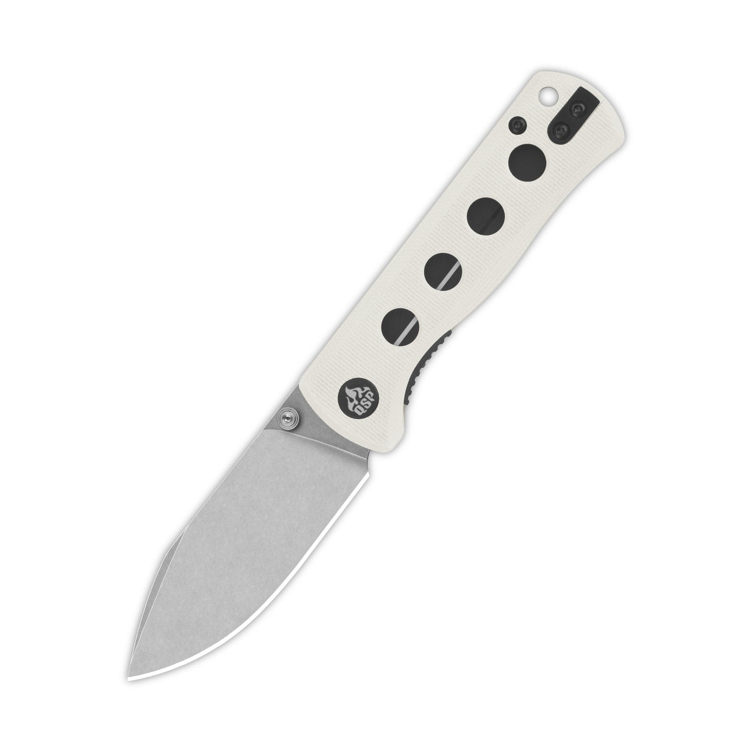 QSP Canary folding knife with white G10 handle and 14C28N spear point blade.