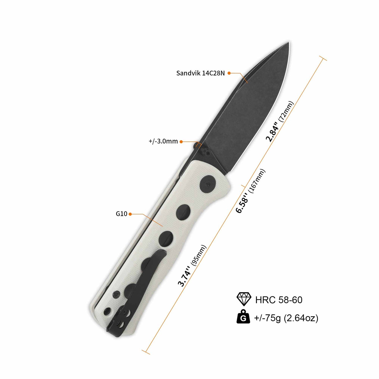 Dimensions of QSP Canary knife with black-coated 14C28N blade and white G10 handle.