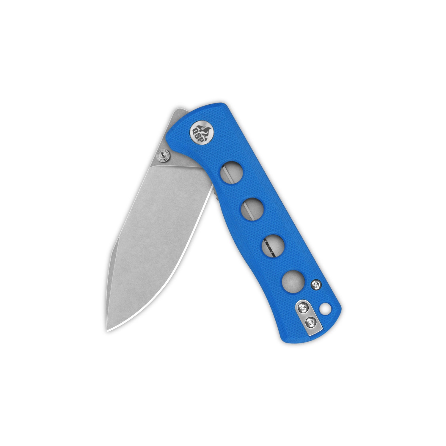 QSP Canary pocket knife opened with blue G10 handle and 14C28N blade
