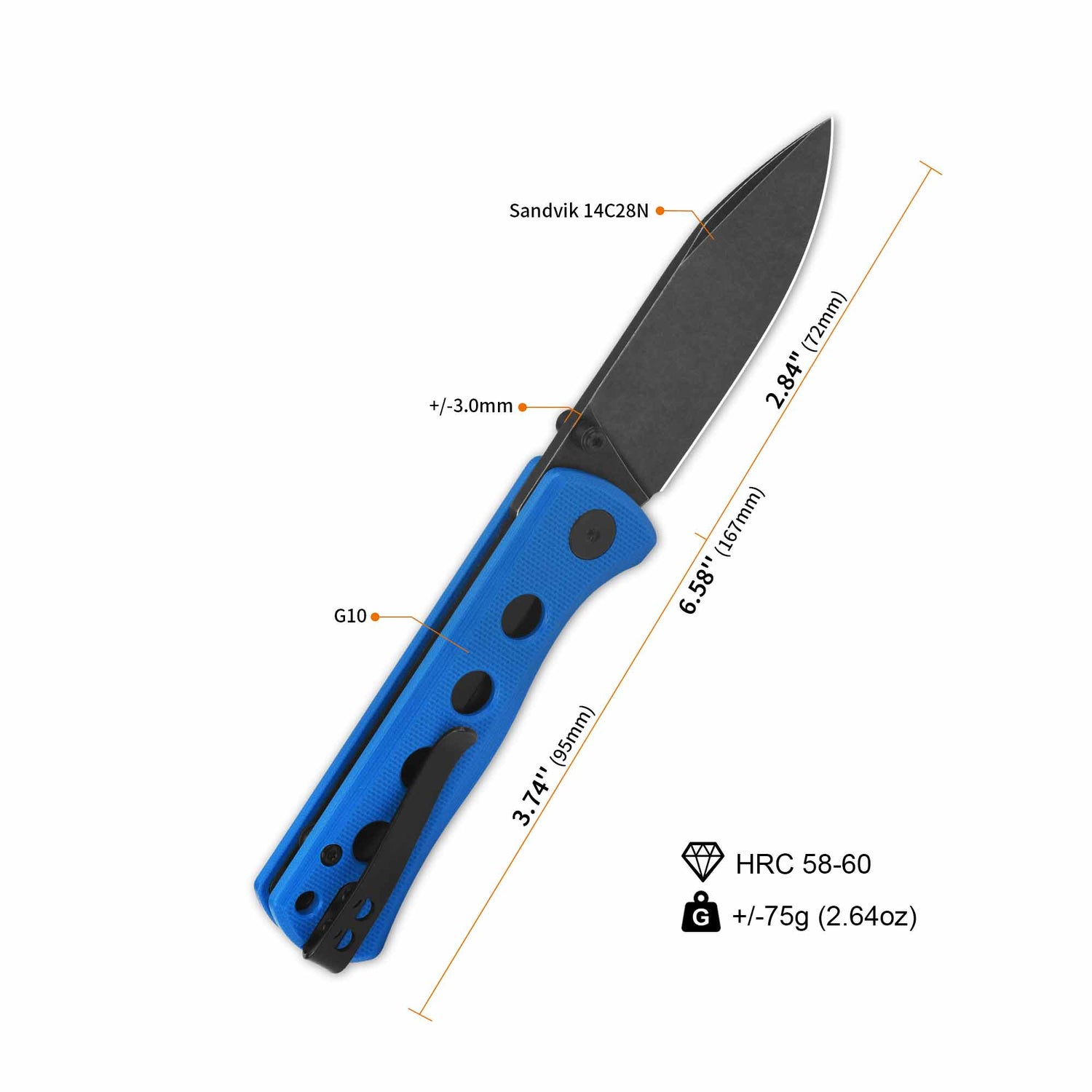 QSP Canary pocket knife blue G10 handle Sandvik 14C28N blade specifications