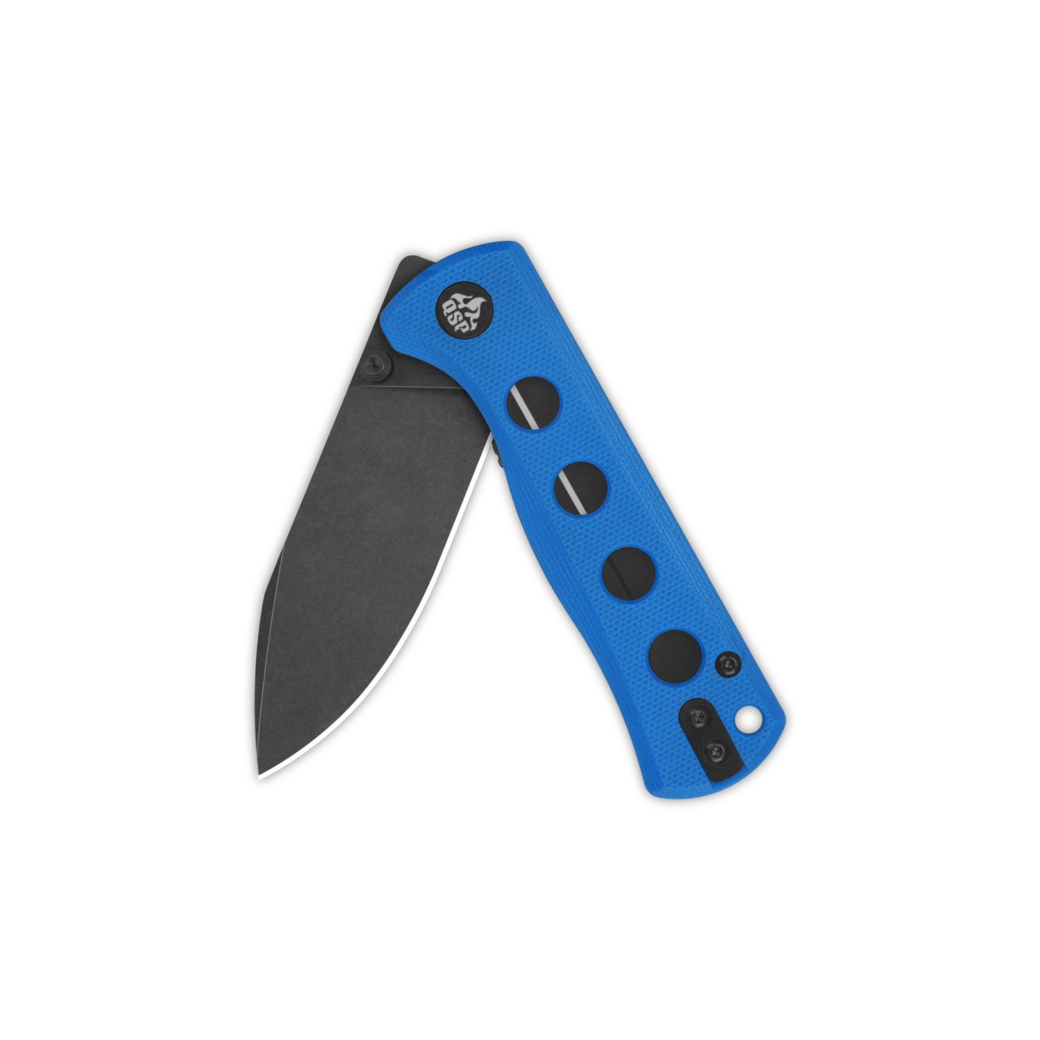 QSP Canary pocket knife with blue G10 handle and black blade, partially closed