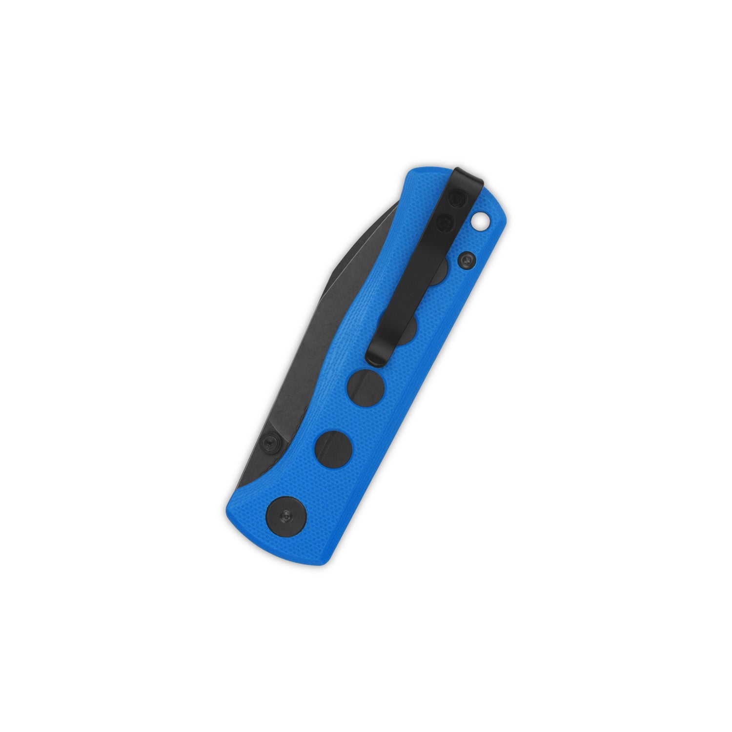 Closed QSP Canary pocket knife featuring blue G10 handle and black clip