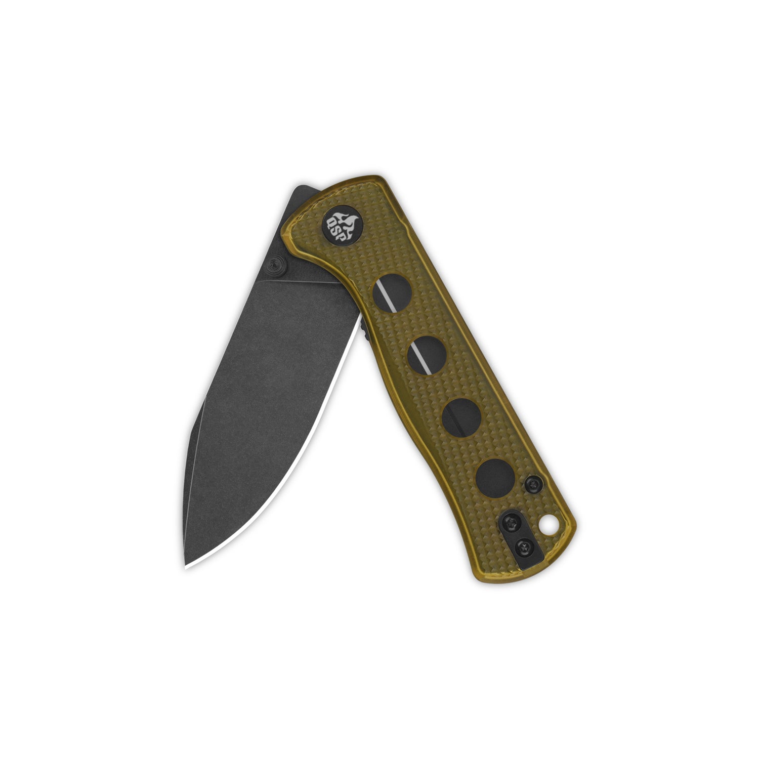 QSP Canary pocket knife with yellow Ultem handle and black-coated 14C28N blade.