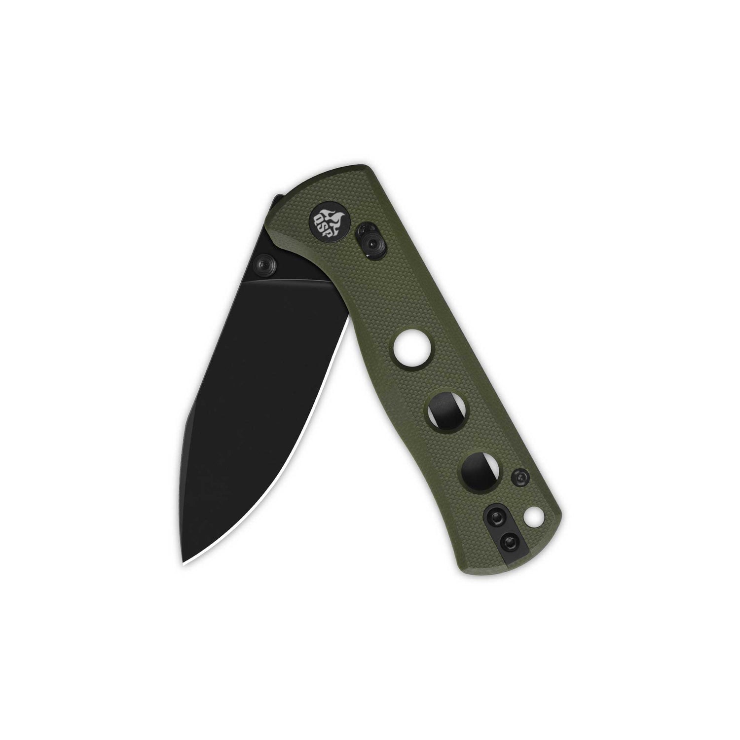 QSP Canary pocket knife with olive green G10 handle and black blade, folded