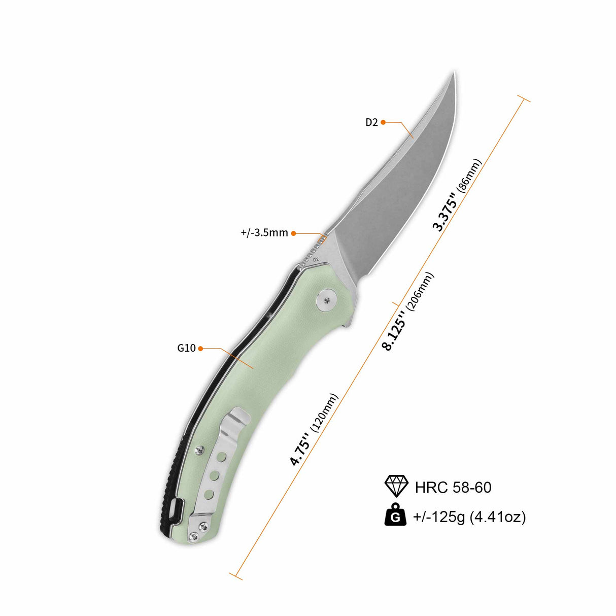 QSP Walrus pocket knife dimensions with D2 blade and jade G10 handle
