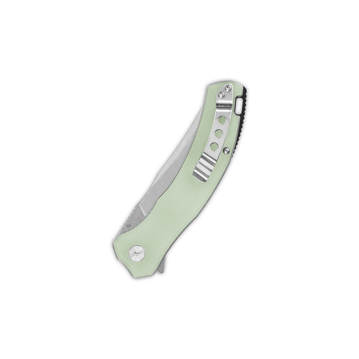 QSP Walrus pocket knife showcasing D2 blade with jade G10 handle design.