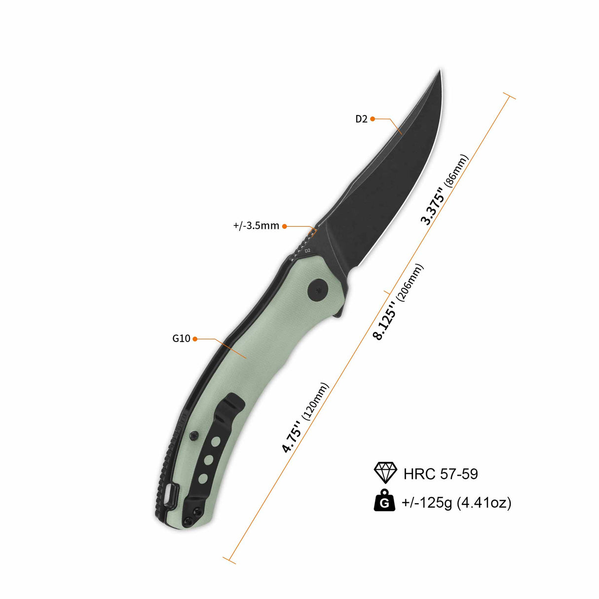 QSP Walrus knife with D2 blade, jade G10 handle, dimensions indicated.