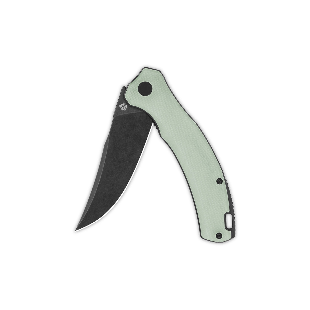 QSP Walrus pocket knife with D2 blade and jade G10 handle folded.