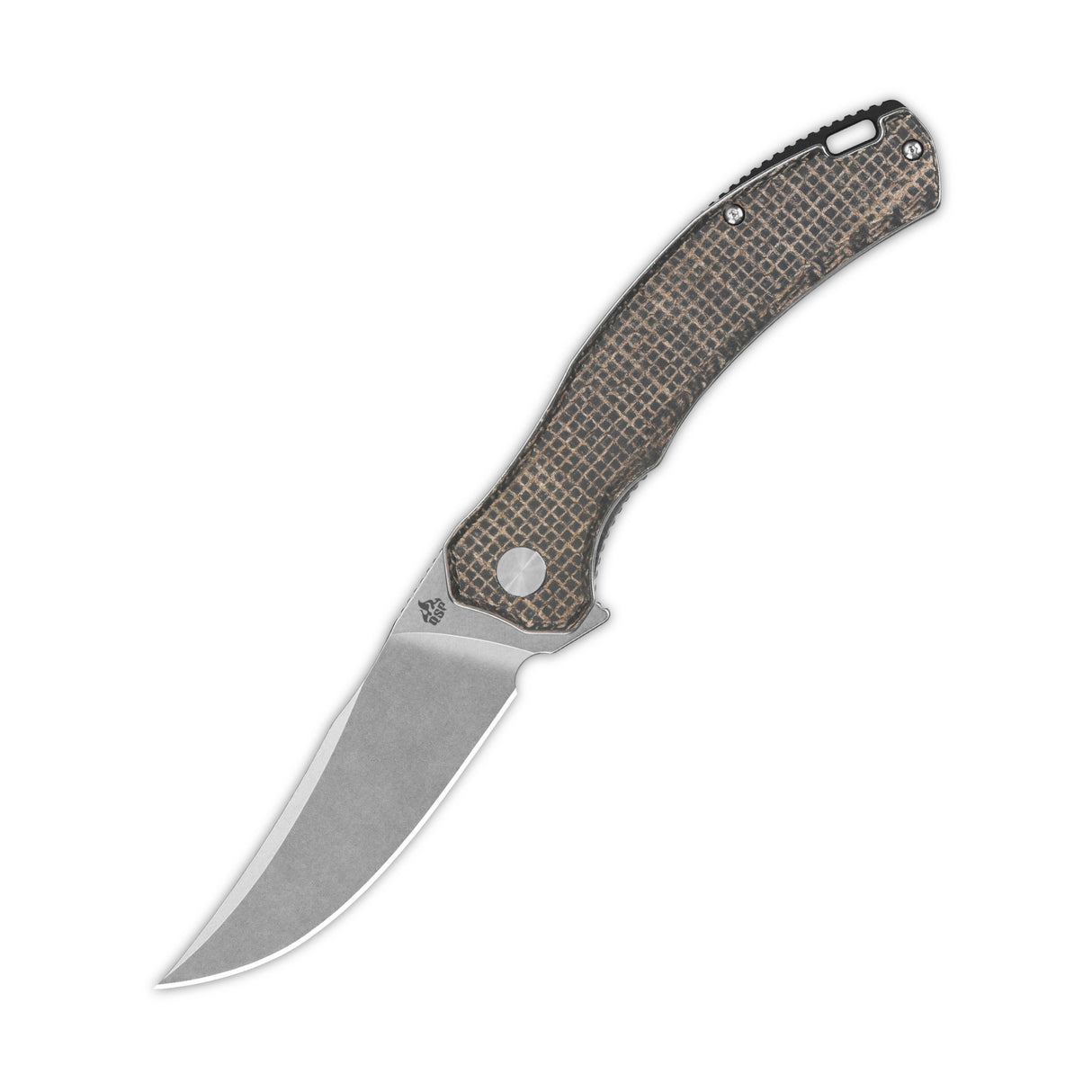 QSP Walrus pocket knife with D2 blade and dark brown rough micarta handle