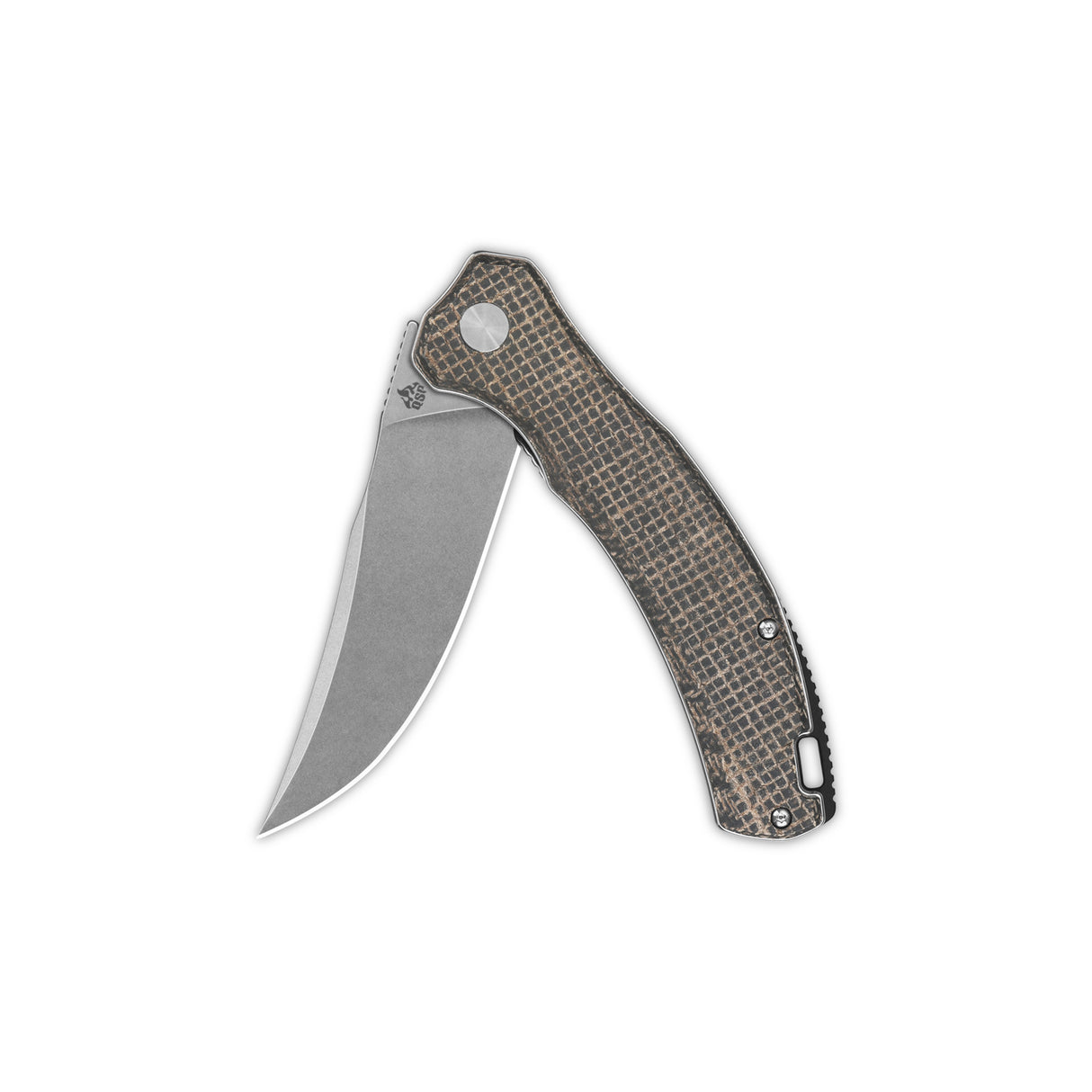QSP Walrus pocket knife partially open, showing D2 blade and dark rough Micarta handle.