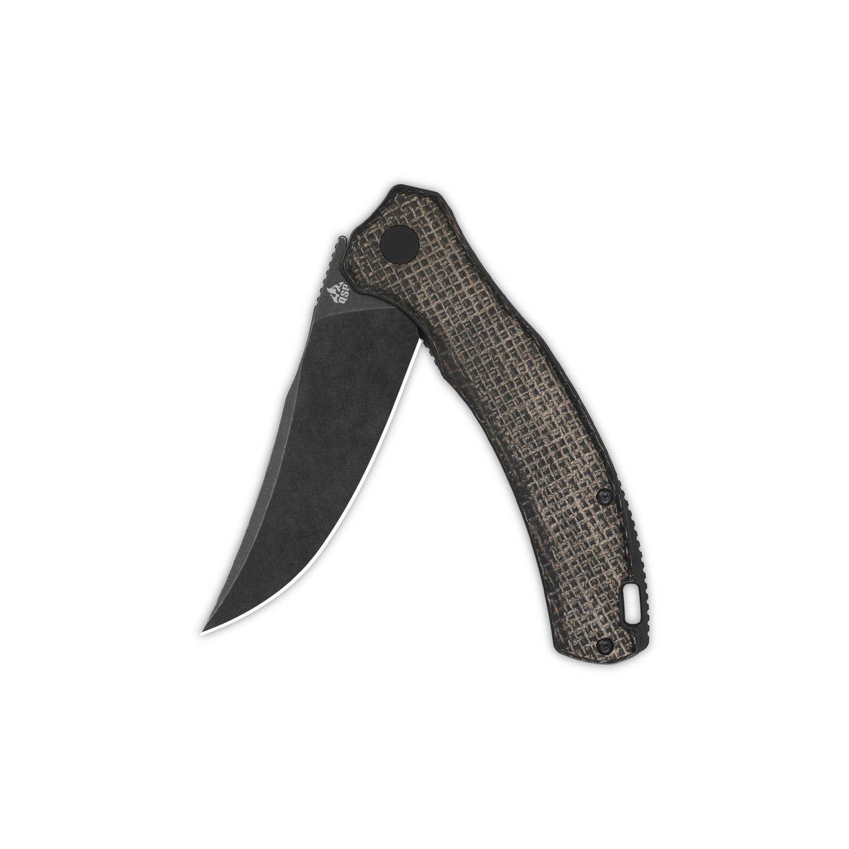 QSP Walrus pocket knife open, showcasing D2 blade and dark brown rough micarta handle.