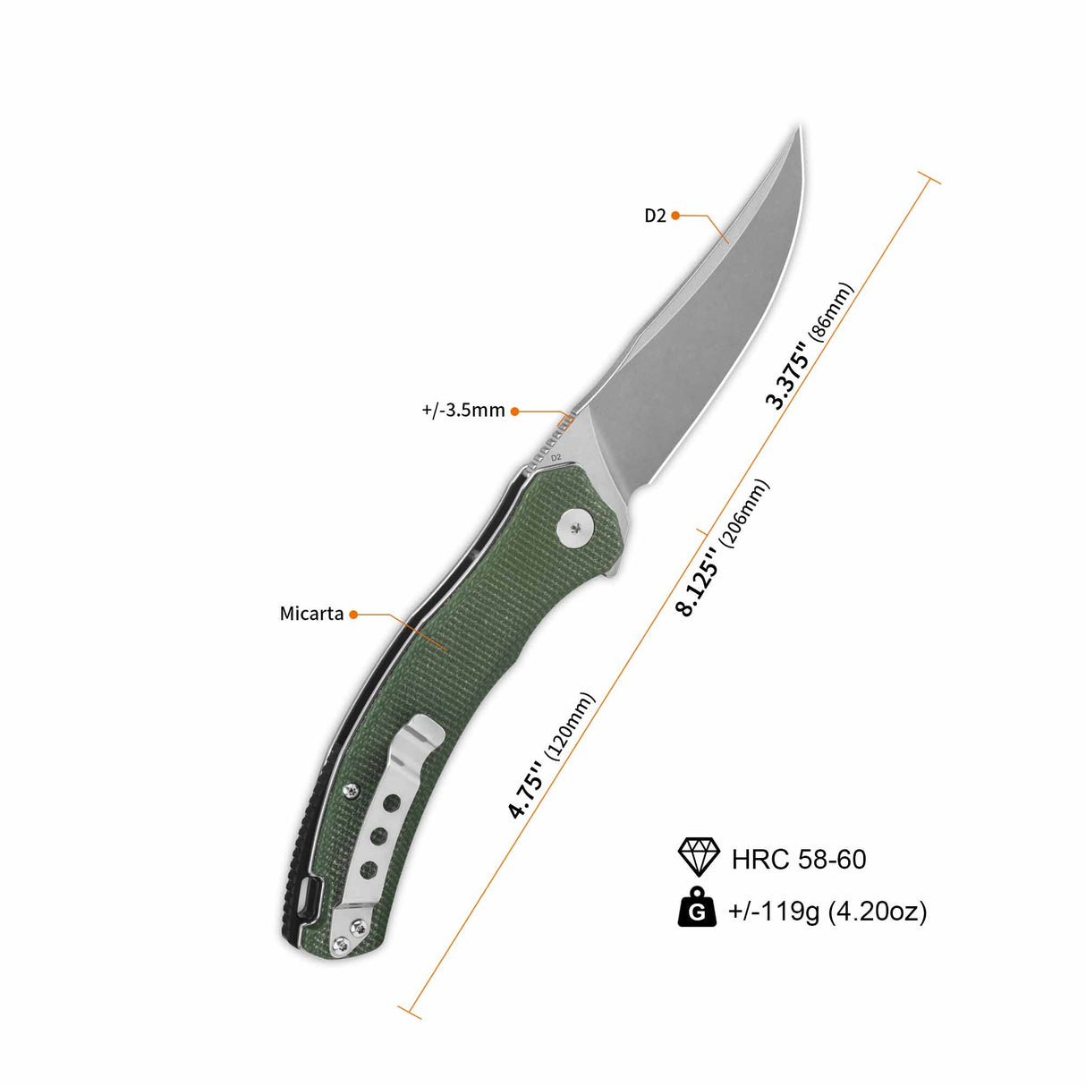 QSP Walrus pocket knife showcasing D2 blade, green micarta handle, blade details.