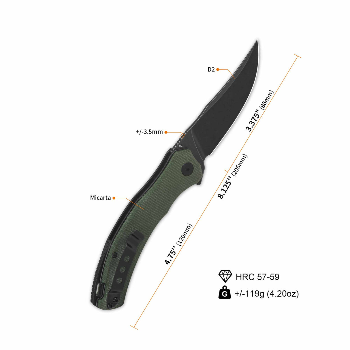 QSP Walrus pocket knife with clip point D2 blade and green micarta handle dimensions