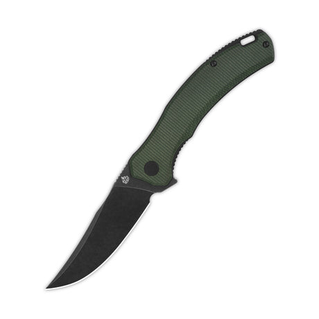 QSP Walrus pocket knife with black D2 clip point blade and textured green micarta handle