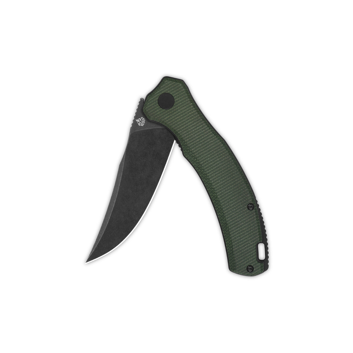 QSP Walrus pocket knife with D2 clip point blade and green micarta handle.