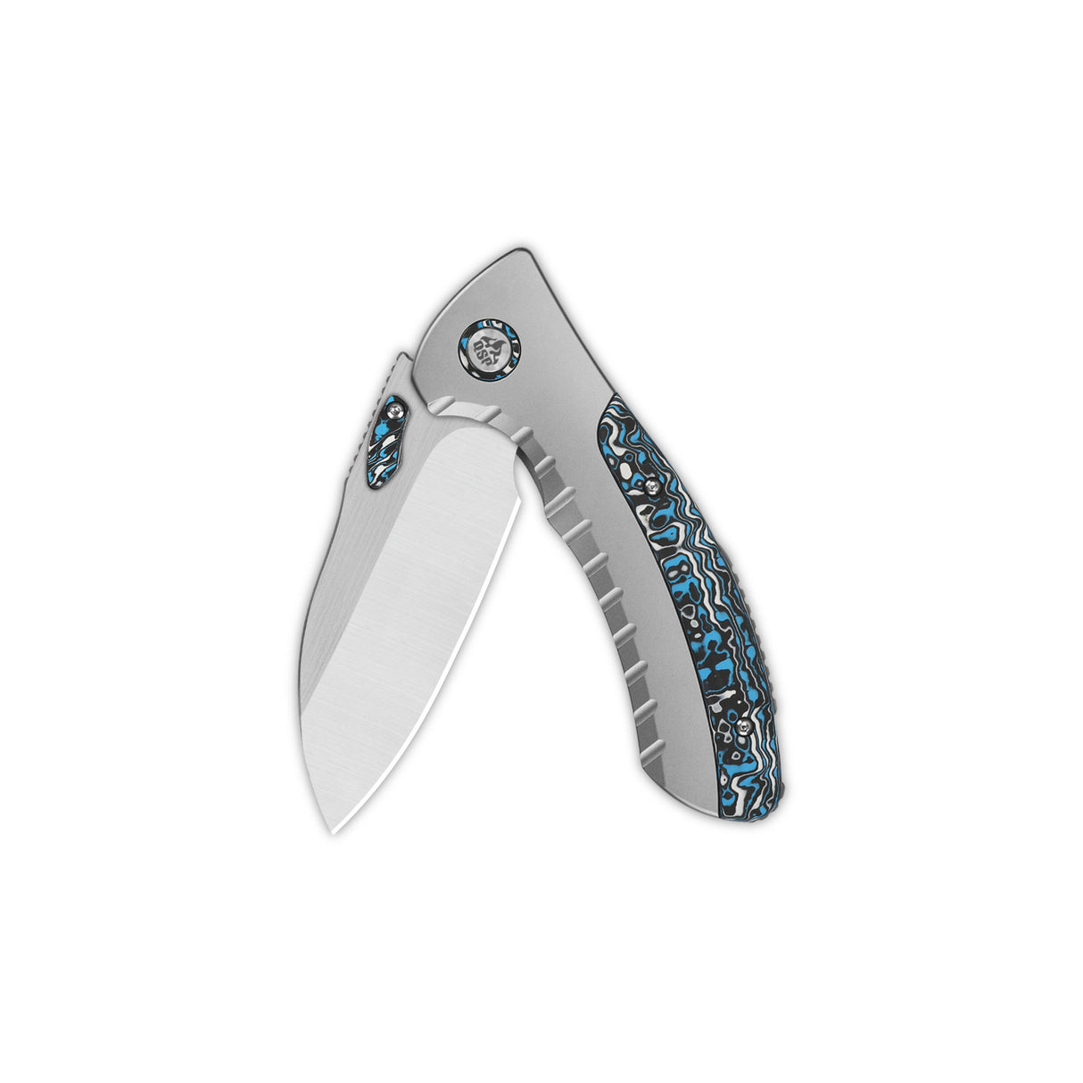 QSP Capybara pocket knife with titanium handle and blue camo inlay design.