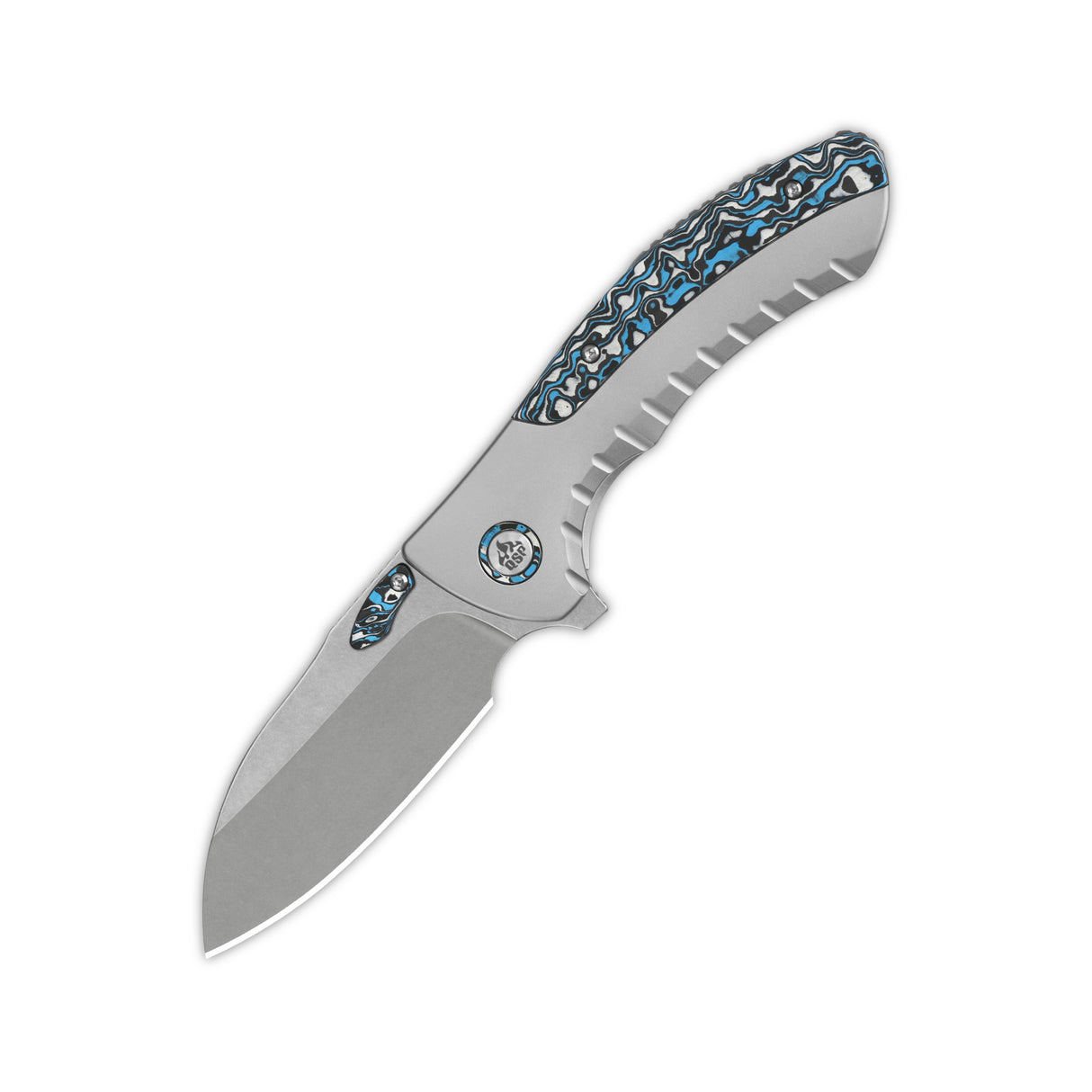 QSP Capybara pocket knife with M390 blade and textured blue camo handle.