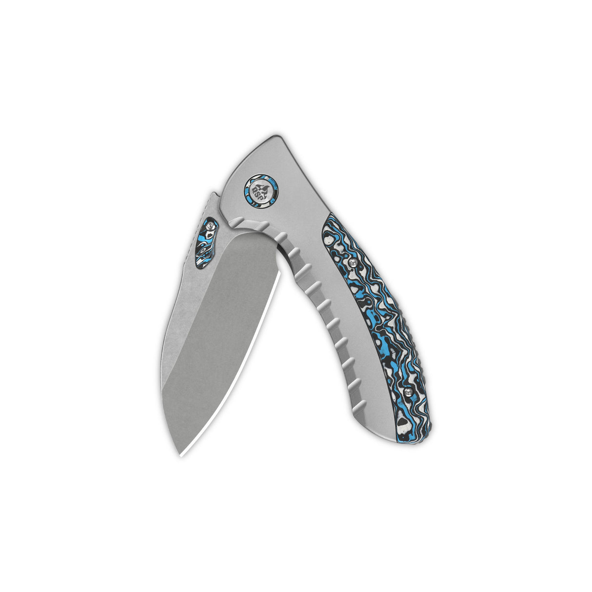 QSP Capybara pocket knife with blue camo design on titanium handle and M390 blade.
