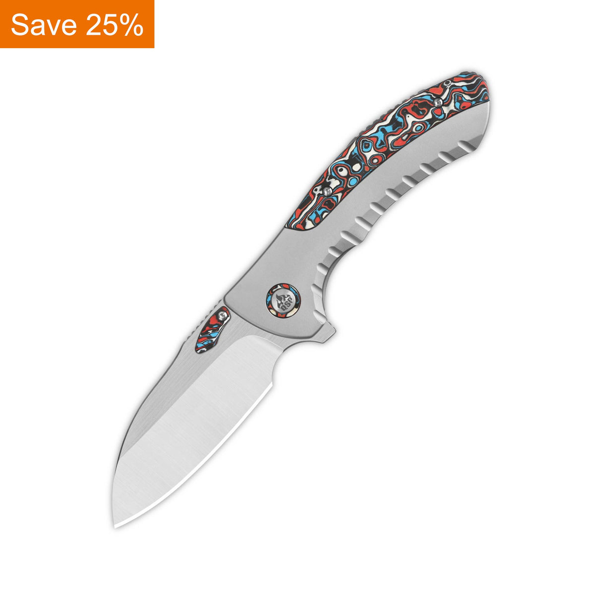 QSP Capybara Frame Lock Pocket Knife Böhler M390 Blade Ti Handle with Red Blue camo Carbon Fiber inlay