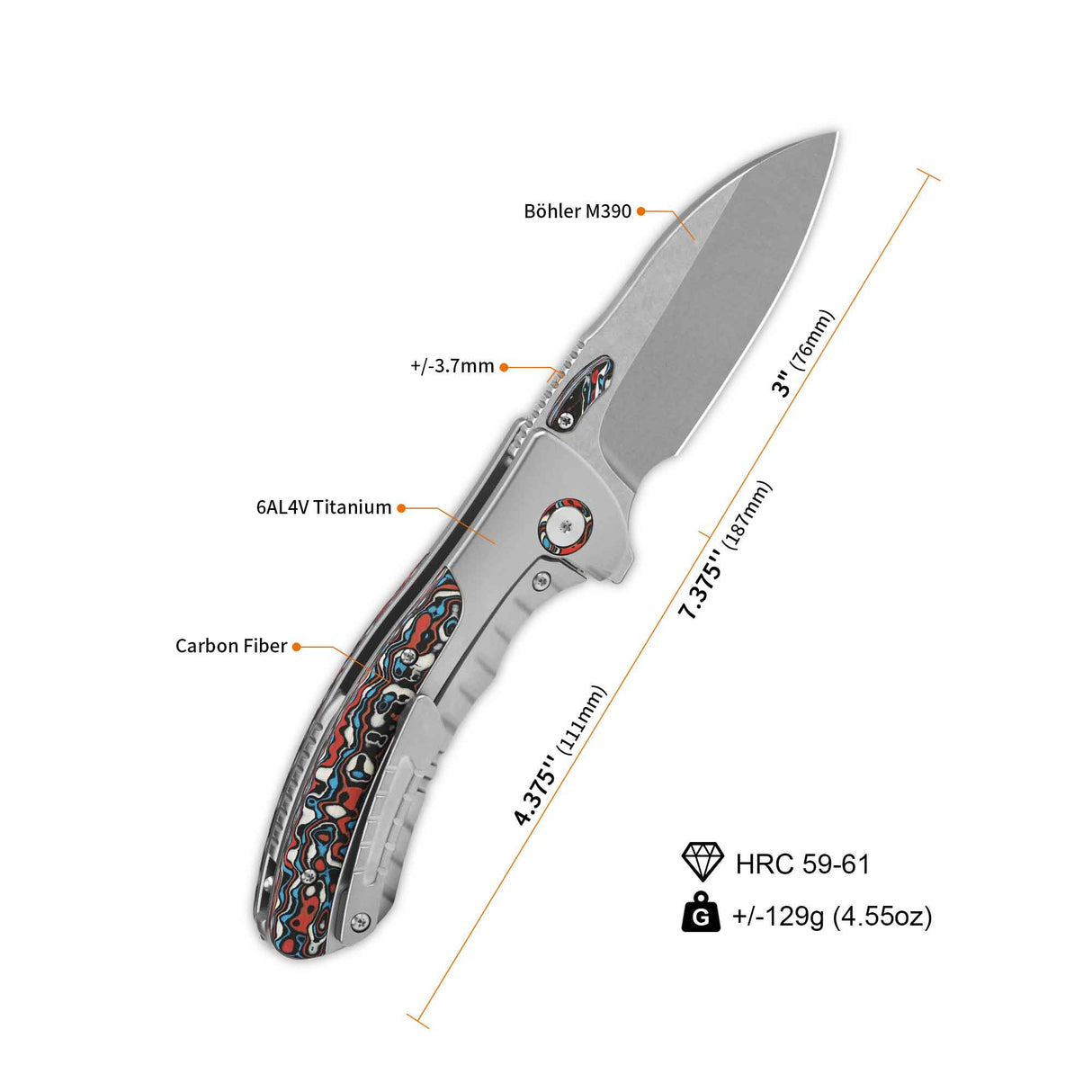 QSP Capybara knife with M390 steel blade, titanium handle, and camo carbon fiber inlay.