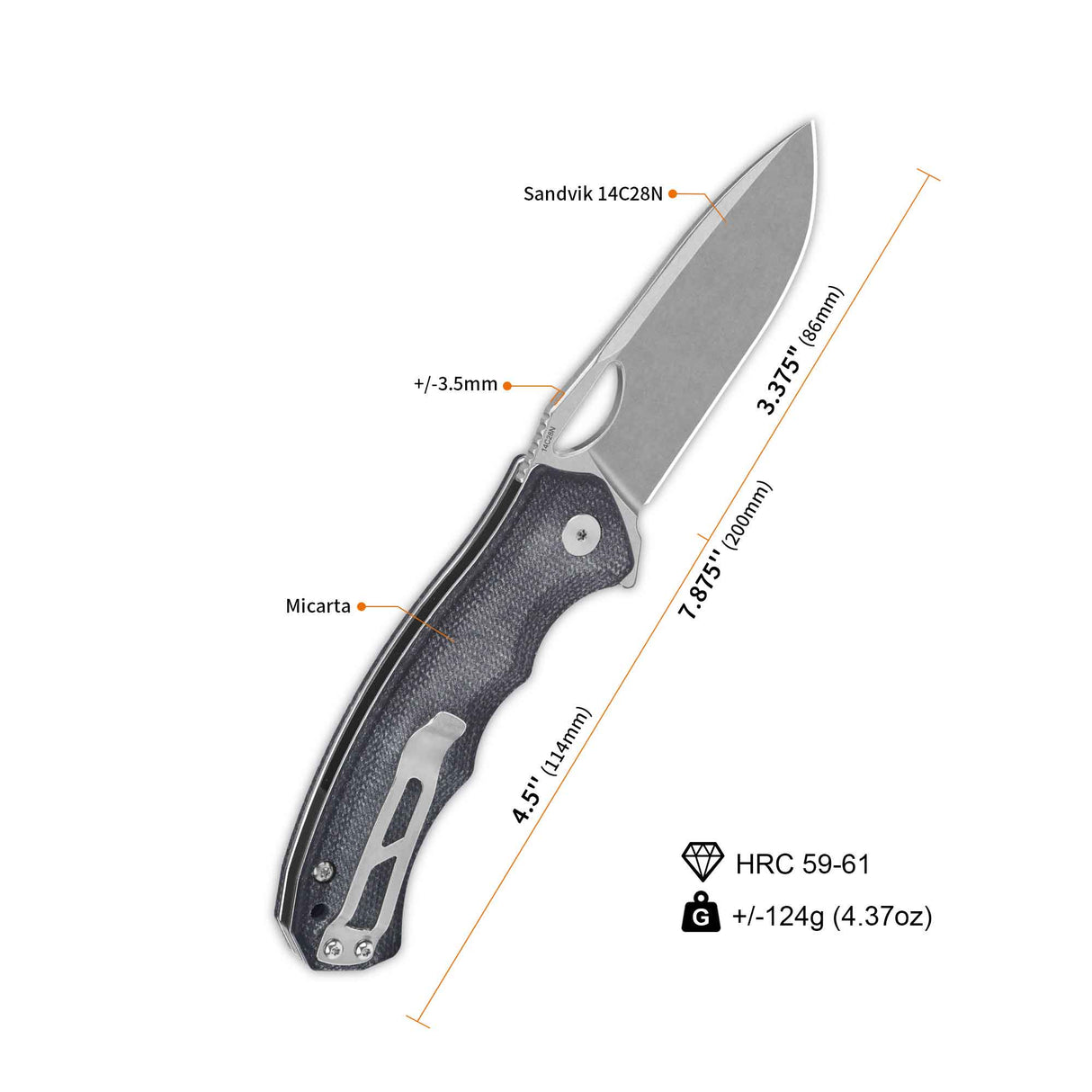 QSP Gorilla pocket knife with 14C28N steel blade and black micarta handle measurements