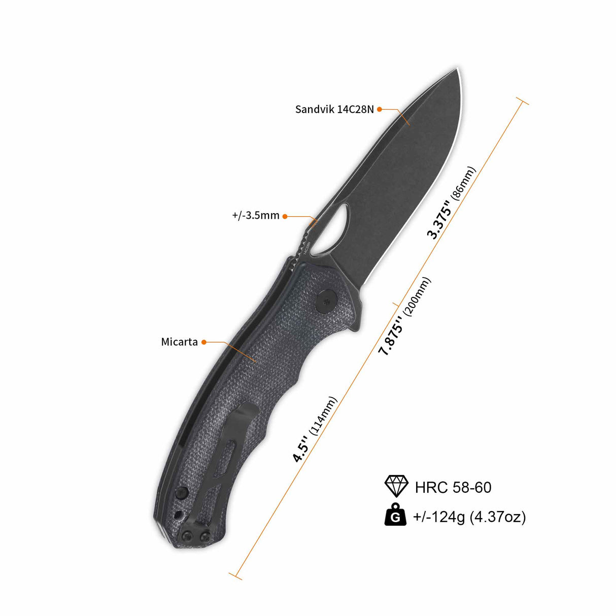 QSP Gorilla Liner Lock Pocket Knife with 14C28N blade and black micarta handle, dimensions