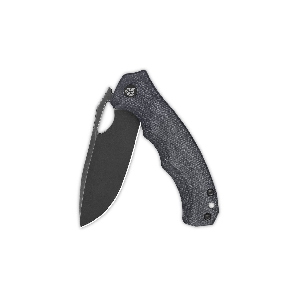 QSP Gorilla pocket knife with black micarta handle and black blade open at an angle