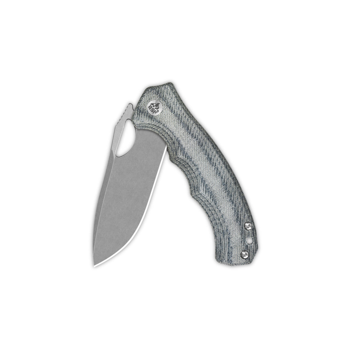 QSP Gorilla Pocket Knife with denim micarta handle and drop point 14C28N blade.