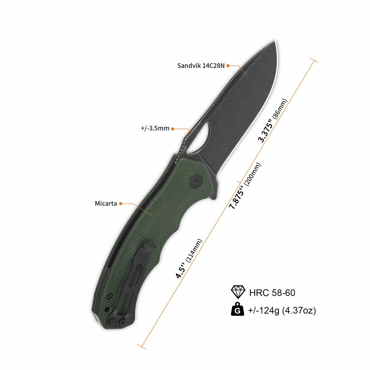 QSP Gorilla pocket knife with drop point blade and green micarta handle, open view.