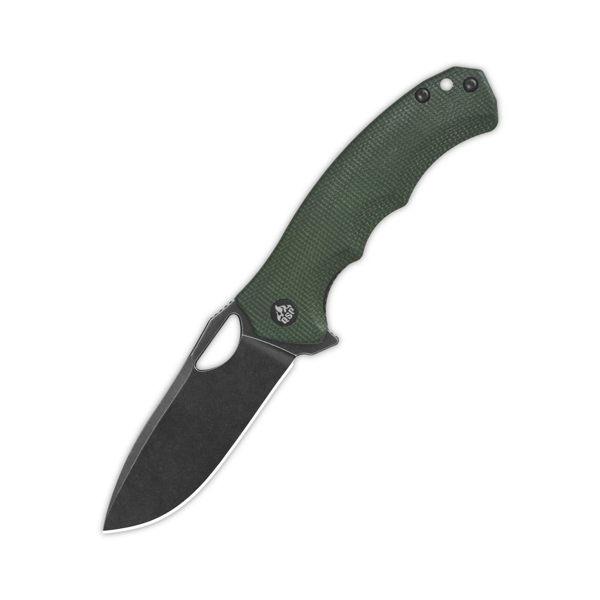 Gorilla pocket knife with drop point blade and green micarta handle, opened view.