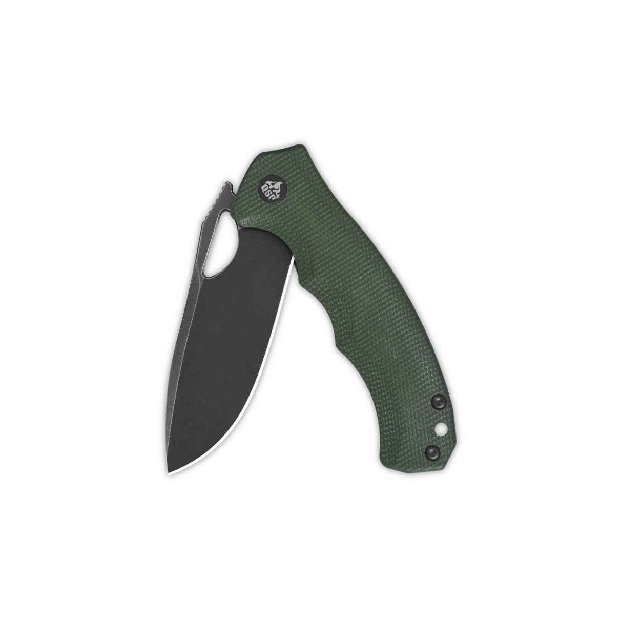 QSP Gorilla pocket knife with green micarta handle and drop point blade, closed.