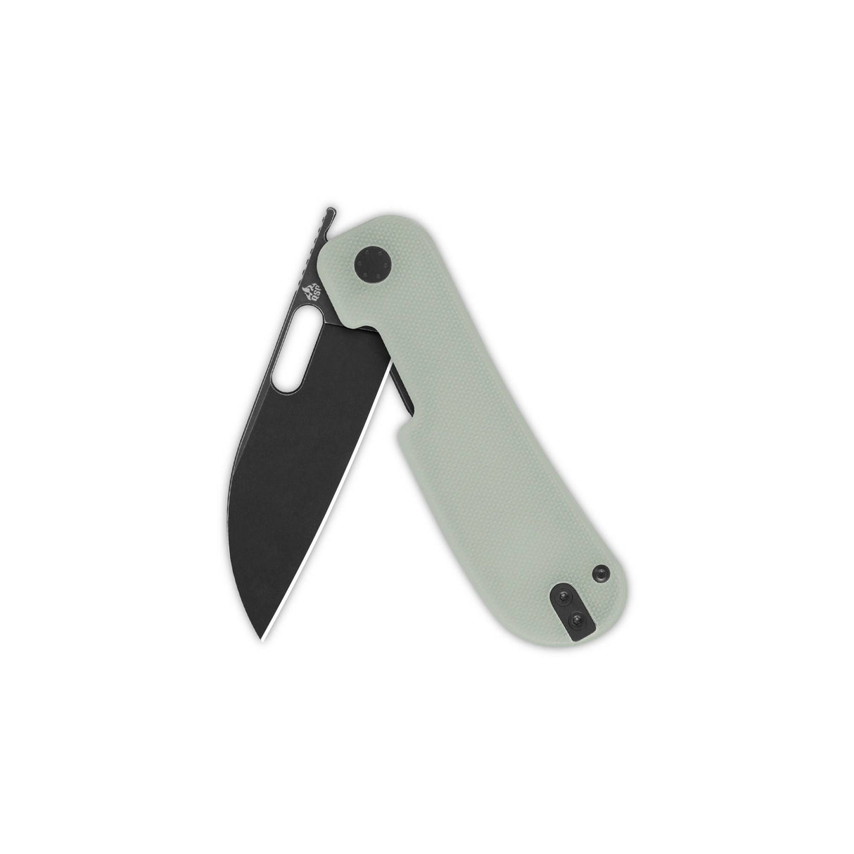 QSP Variant PE pocket knife with light green G10 handle and black blade partially open.