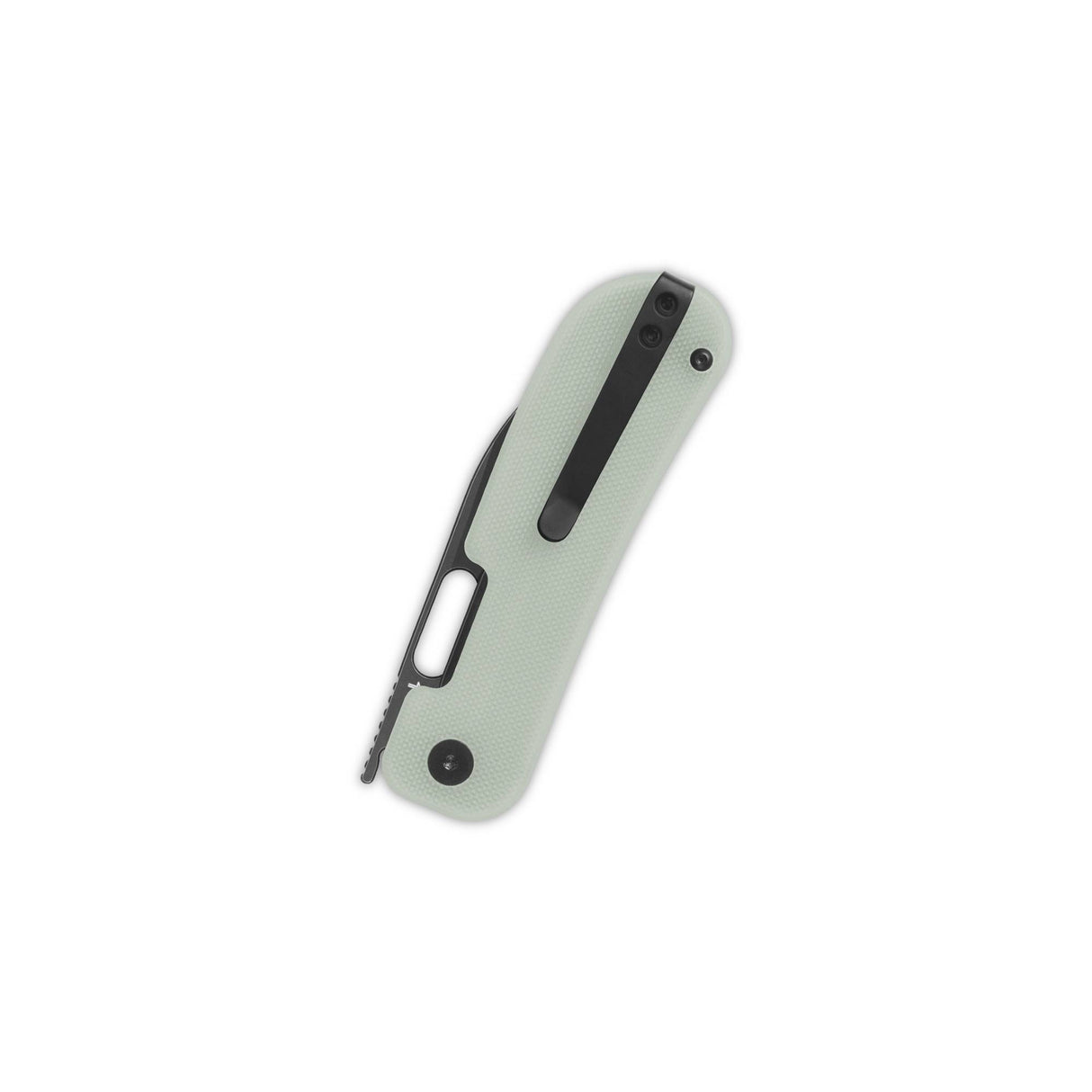 QSP Variant PE pocket knife with light green G10 handle and black clip folded for EDC.