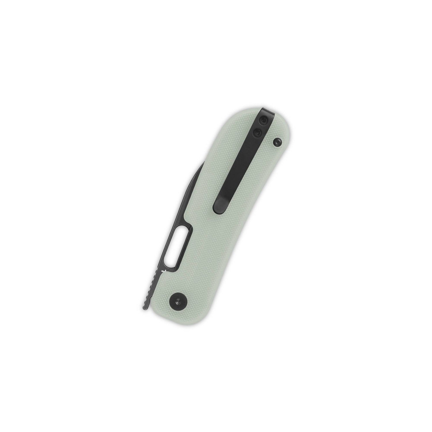 QSP Variant PE pocket knife with light green G10 handle and black clip folded for EDC.