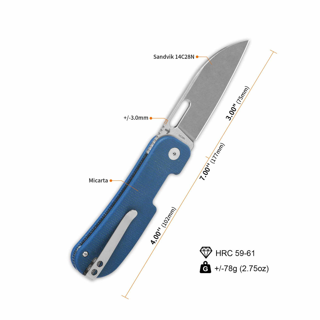 QSP Variant PE pocket knife with blue micarta handle and sheepsfoot blade