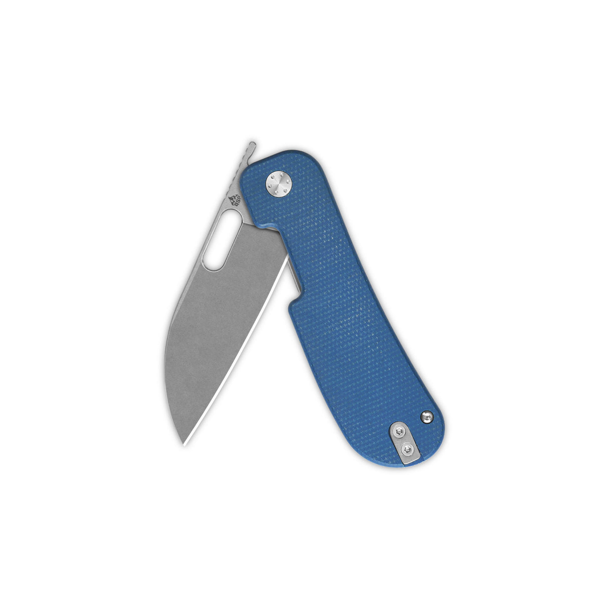 QSP Variant PE pocket knife with blue micarta handle and stonewashed sheepsfoot blade