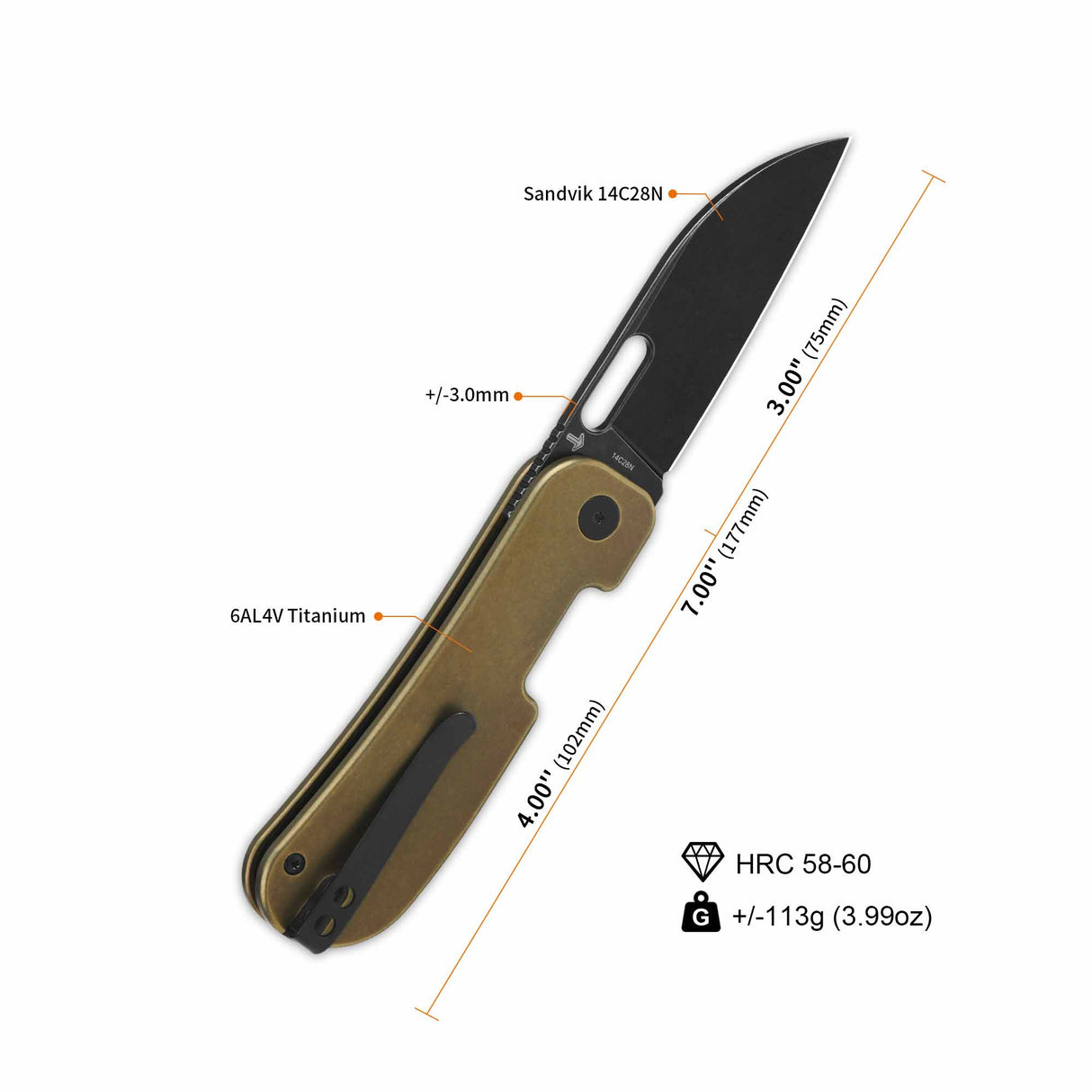 QSP Variant PE pocket knife displaying dimensions and titanium handle features.