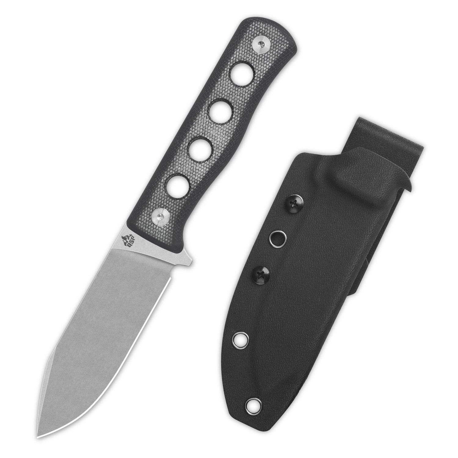 QSP Canary fixed blade knife with black micarta handle and drop point blade, includes sheath
