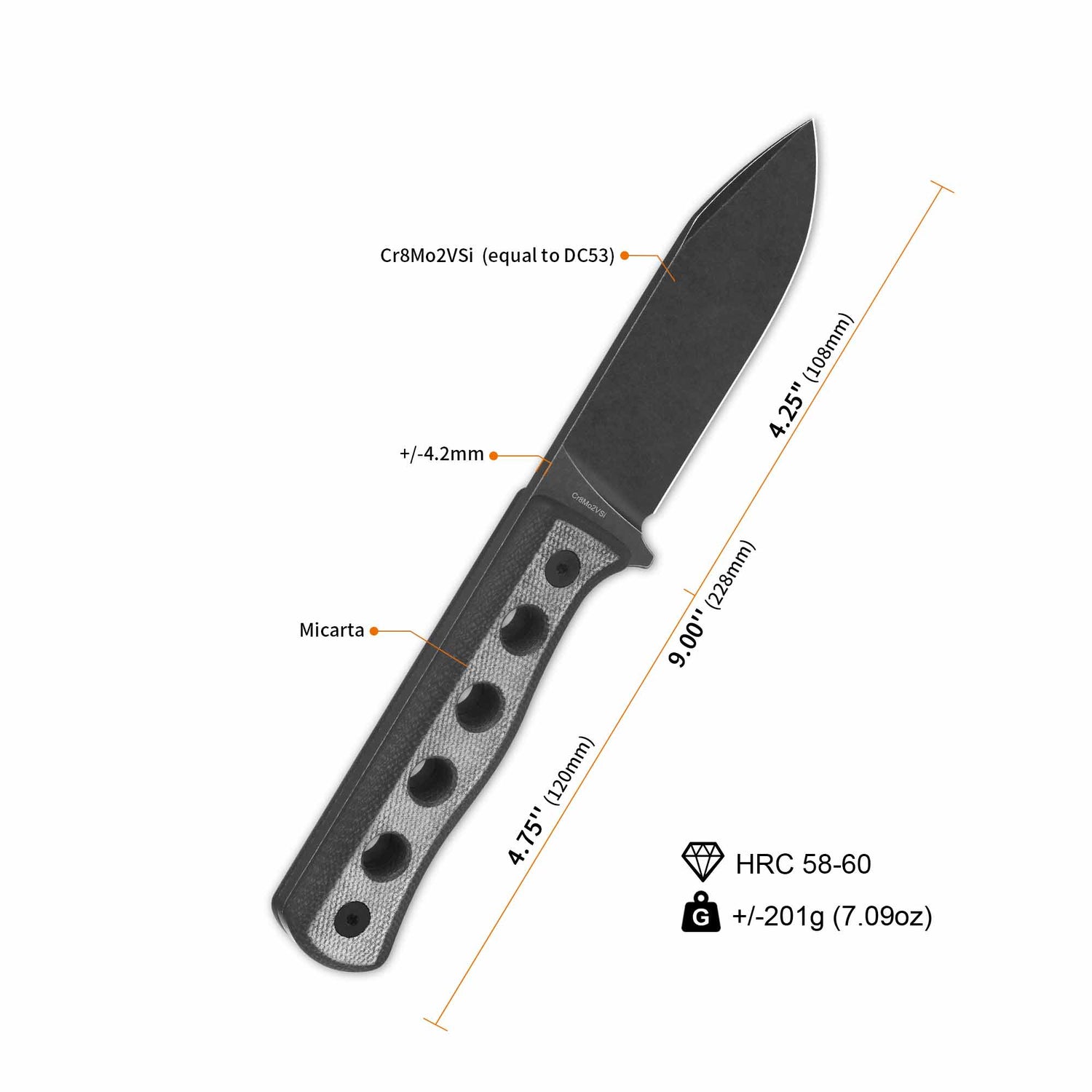 QSP Canary fixed blade knife with Cr8Mo2VSi blade and black micarta handle.