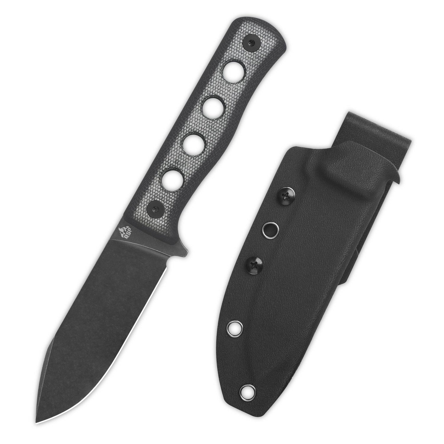 QSP Canary fixed blade knife with black micarta handle and black sheath
