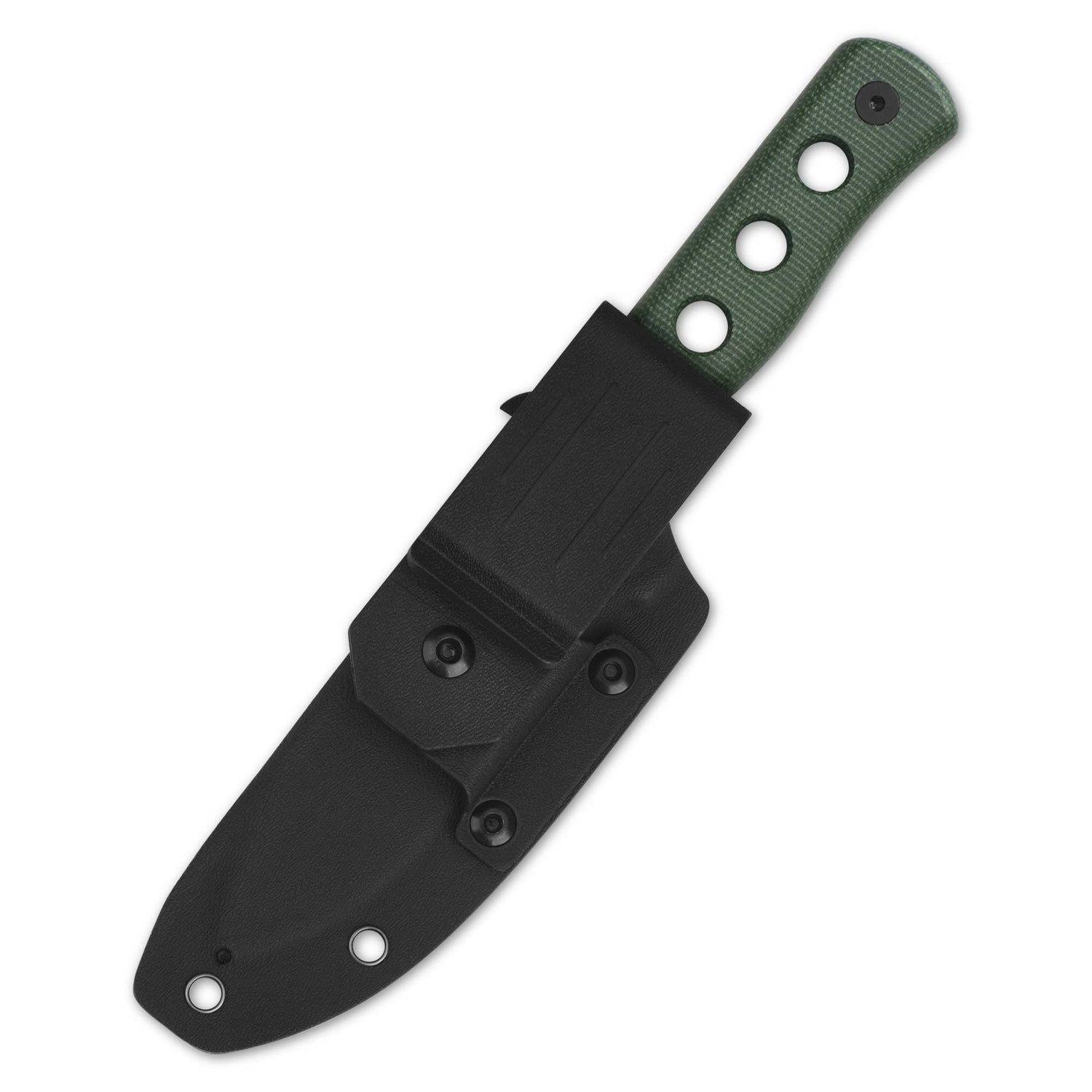 QSP Canary fixed blade knife in black sheath with green micarta handle.