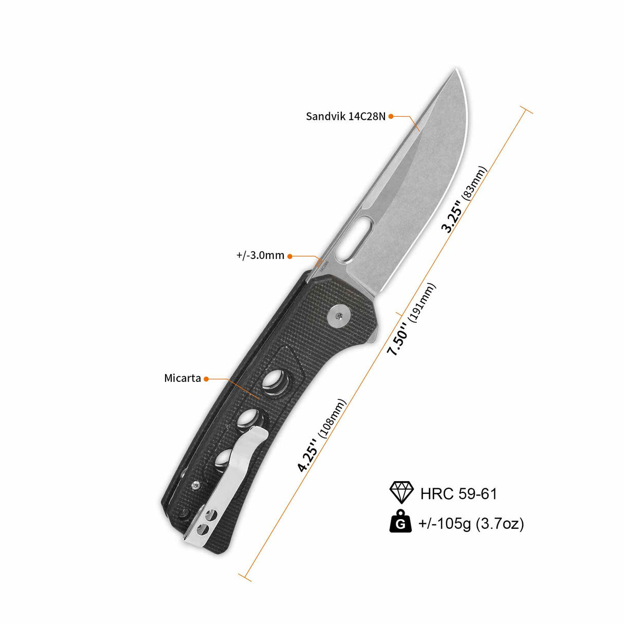 QSP Unicorn Pocket Knife specs with 14C28N blade, Micarta handle, and dimensions.