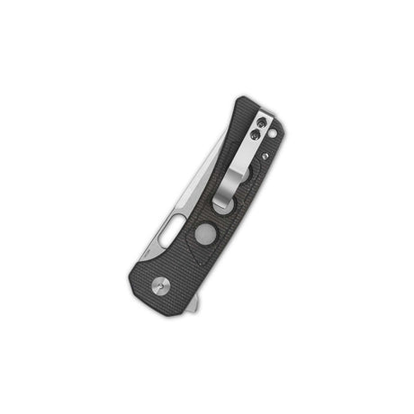 Side profile of QSP Unicorn pocket knife with Micarta handle and button lock mechanism