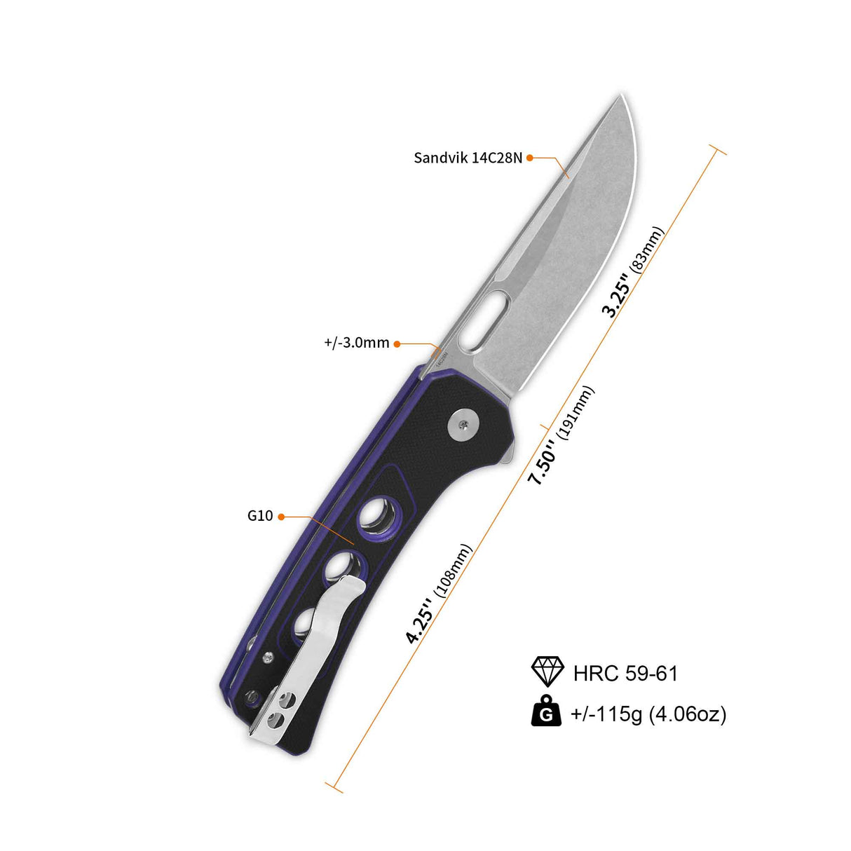 QSP Unicorn Pocket Knife specifications: 14C28N blade, G10 handle, 7.5'' overall length.