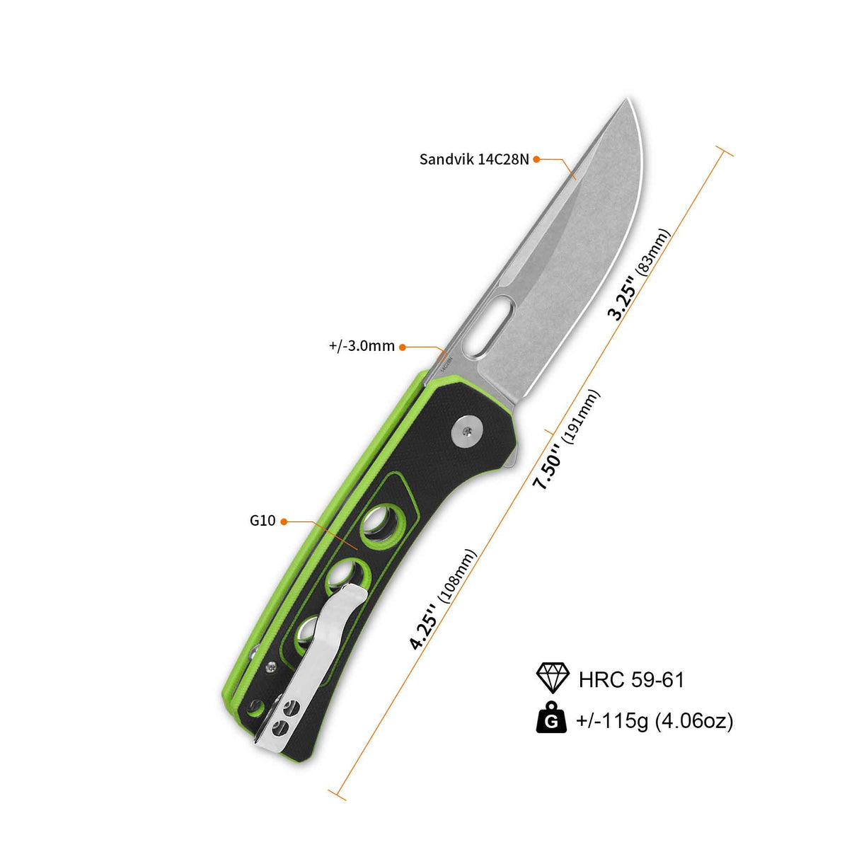 QSP Unicorn pocket knife showcasing black G10 handle and neon green accents.