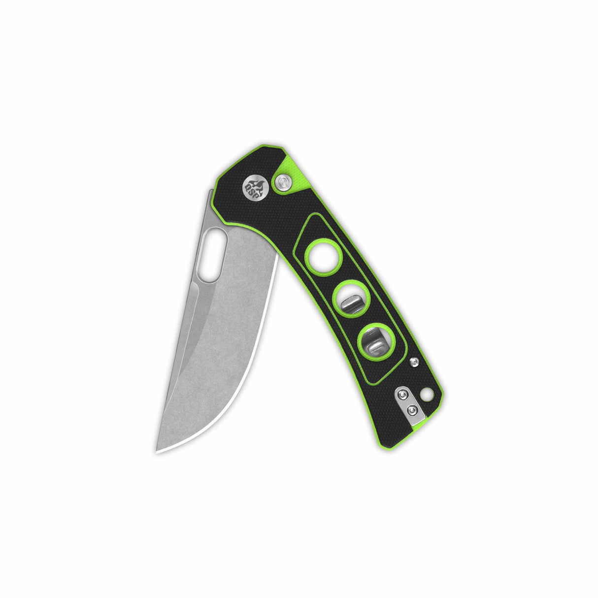 QSP Unicorn pocket knife with 14C28N blade and black G10 handle with neon green accents.